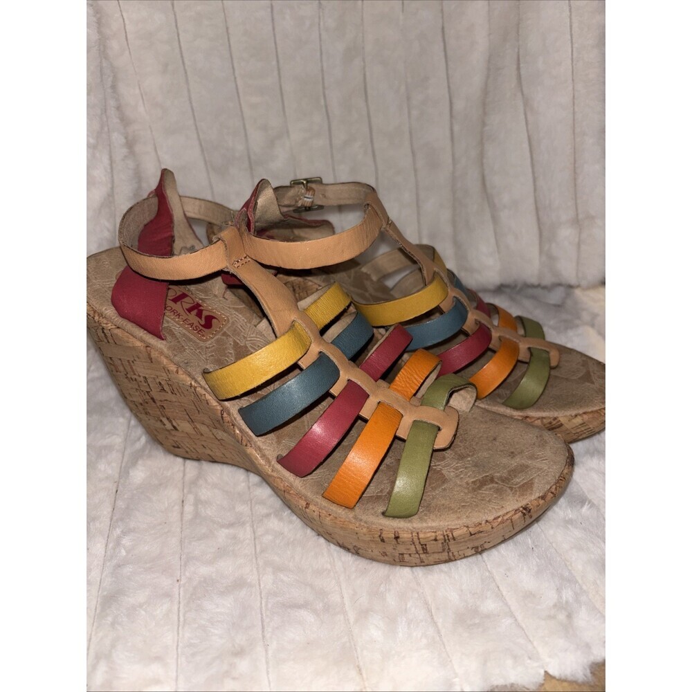 Korks by Kork-Ease Multicolor Leather Strappy Cork Wedge Sandals -Women’s Size 8